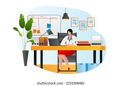 Mesa de trabajo de oficina para personas de negocios con computadora, diseño de escritorio para mujeres, ilustración vectorial. Trabajo de personas profesionales y de bajo nivel