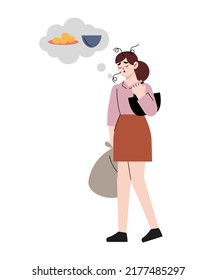Business person on the way home from shopping who is hungry while thinking about menus with a tired expression. Flat drawn style vector design illustrations.
