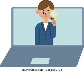Business person PC computer work woman suit search upper body illustration