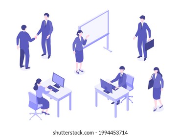 Business person performing different activities. Talking, walking and giving a presentation. Isometric colorful vector illustration.