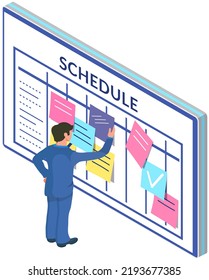 Business person planning schedule. Time management, tasks scheduling, work with calendar, reminder. Save time and money concept. Employee works to create weekly plan or timetable vector illustration