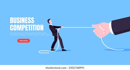 Business person play tug of war by pulling the rope. Business concept of competition in office space with two leaders, flat style design vector illustration. Confrontation and conflict metaphor