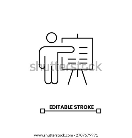 Business person pointing at presentation board line icon. presentation line icon. vector illustration. editable stroke line icon.