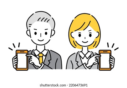 A business person pointing at a smartphone.