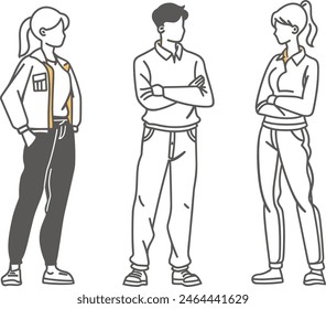 Business person pose set whole body, businessman, professional, corporate, executive, entrepreneur, line art vector illustration, modern line art.