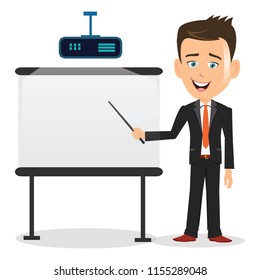 Business person presenting on a blank whiteboard form a overhead projector projection empty space message text sales marketing stick smile expert mentor manager ceo executive professional talk