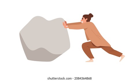 Business person pushing big stone, boulder. Persistence and ambition concept. Worker and heavy rock, struggling with problems, obstacles, and work hard. Flat vector illustration isolated on white