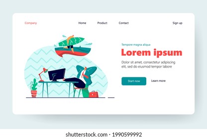 Business person relaxing and thinking of vacation. Smiling man at work dreaming of holiday on island flat vector illustration. Vacation, holiday concept for banner, website design or landing web page
