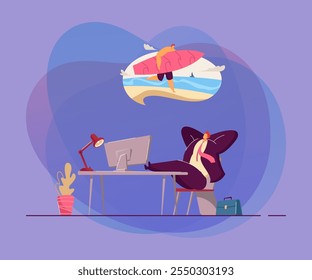 Business person relaxing and thinking of vacation. Smiling man at work dreaming of holiday on island flat vector illustration. Vacation, holiday concept for banner, website design or landing web page