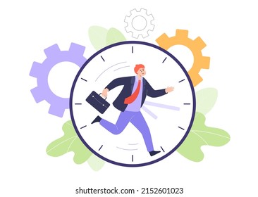 Business person running on clock dial flat vector illustration. Happy man waking up early, rushing to work, having a lot of tasks. Chronometer, deadline, time management concept