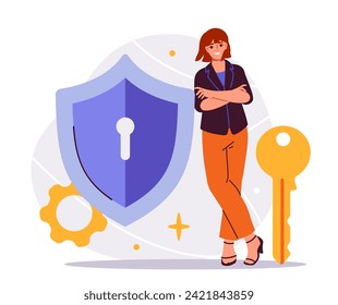 Business person scene concept. Woman stand near shield and golden key. Young girl with protection of personal data. Cartoon flat vector illustration isolated on white background