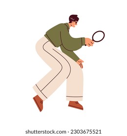 Business person searching, looking through magnifying glass, magnifier. Man examining, checking, studying, exploring. Audit, research concept. Flat vector illustration isolated on white background