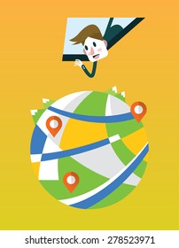 business person seeing map direction from smartphone window. technology concept. flat design elements. vector illustration