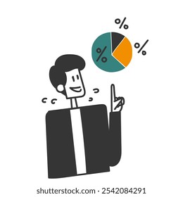 business person showing pie chart data in doodle hand drawing style