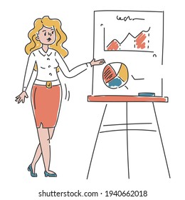 Business person showing presentation vector isolated. Doodle illustration of businesswoman presenting sales chart. Office worker on seminar.