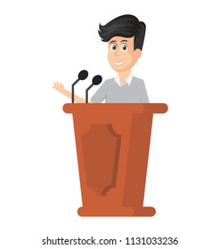 
A business person standing on rostrum giving speech .
