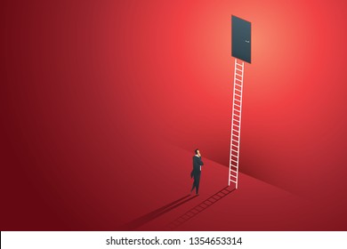 Business person standing thinking looks at door on wall red up path ladder to goal success. illustration Vector