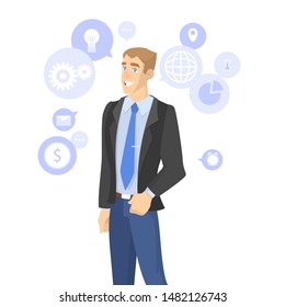 Business person in suit. Discussion and communication concept. Dialog in speech bubble. Man talking. Vector illustration in cartoon style
