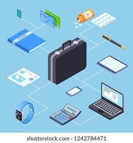 Business person suitcase and its contents isometric vector illustration