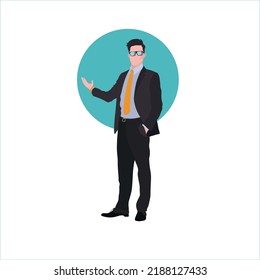 a business person talking about his business. In strict dress illustration