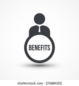 Business Person With Text BENEFITS Flat Icon. Employee Benefit Icon Concept, Remuneration, Discount, Beneficial, Compensation, Allowance, Policy, Word
