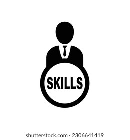 Business person with text SKILLS flat icon. People skill icon, development, employment, growth, job, risk, target, achievement