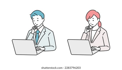 Business person thinking in front of a computer.