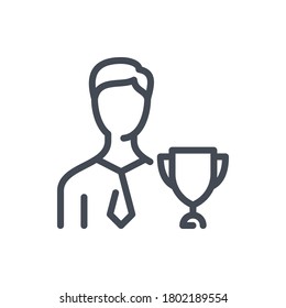 Business Person with Trophy Cup line icon. Achievements at Work vector outline sign.