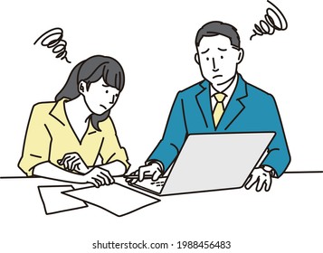 Business person in trouble in front of a laptop