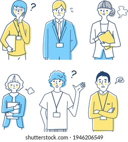 Business person, troubled facial expression, 6 men and women, upper body set