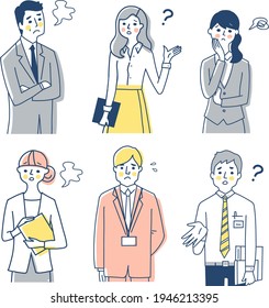Business person, troubled facial expression, 6 men and women, upper body set