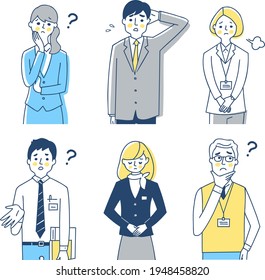 Business person, troubled facial expression, 6 men and women, upper body set