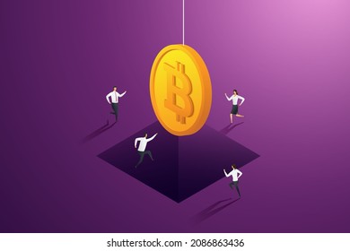 Business person are trying run go to catch Bitcoin over the big hole trap. investment risk Cryptocurrency. isometric vector illustration.