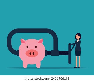 Persona de negocios que utiliza la abrazadera para exprimir la alcancía rosa que ahorra
