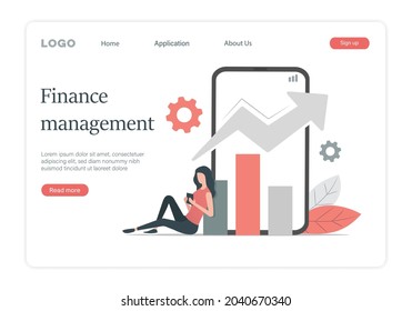 Una persona de negocios está usando una aplicación móvil. Página de inicio del trabajo de finanzas y gestión. Ilustración vectorial de color plano. Aislado sobre fondo blanco.