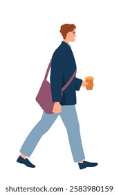 Business person walking. Side view of smiling male office employee or entrepreneur holding cup of coffee and going to business meeting. Flat vector illustration isolated on background