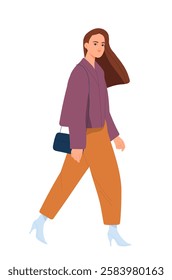 Business person walking. Side view of stylish female entrepreneur or office worker walking to work or rushing to business meeting. Company employee. Flat vector illustration isolated on background