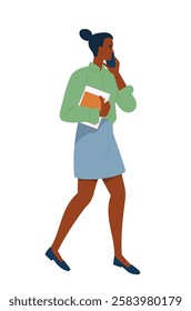 Business person walking. Side view of female entrepreneur making business call and communicating with clients or partners. Character goes to work. Flat vector illustration isolated on background