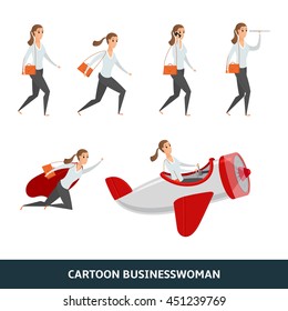 Business person walking to the success. Businesswoman is in different situations. Vector illustration isolated on the white background.