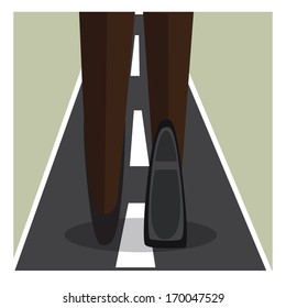 Business person walks  on winding highway to future progress