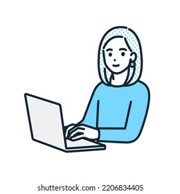 A business person who operates a laptop. Illustration material of a working woman.