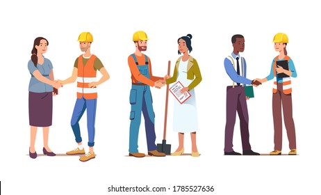 Mujer empresaria estrechando la mano cerrando trato con trabajador contratista o capataz usando sombrero duro. Acuerdo de construcción comercial. Contratar apretón de manos con el constructor. Ilustración vectorial plana