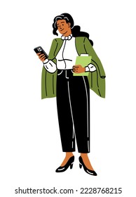 Business person in work. Confident female entrepreneur in suit holds folder with documents and sends message to partner or colleague using smartphone. Cartoon flat vector illustration in doodle style