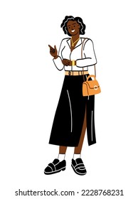 Business person in work. Smiling female employee of company looks at her watch and hurries to office or to meeting. Time management and productivity. Cartoon flat vector illustration in doodle style