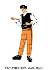 Business person in work. Young male financial consultant or accountant presents project or report. Successful entrepreneur or investor in uniform. Cartoon flat vector illustration in doodle style