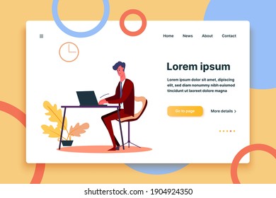 Business person working with laptop. Businessman sitting on chair at table flat vector illustration. Employment concept for banner, website design or landing web page