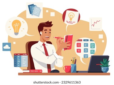 Business person working multitasking at desk. Smiling effective employee man planning, taking notes, performing various tasks. Office job productivity, time management concept flat vector illustration