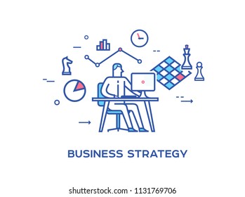 Business person working on computer . business icons. Joint efforts, success, union. Business strategy. line icon illustration. flat illustration character design isolated on white background