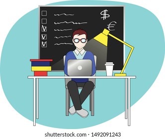 Business person working on computer in the office. Vector flat illustration character design.