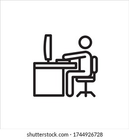 Persona de negocios trabajando en computadora en la oficina. Icono de vector de línea plana para aplicaciones móviles, diseño de botones y sitios web. Ilustración aislada sobre fondo blanco. Diseño, logotipo, aplicación, infografía de EPS 10, 